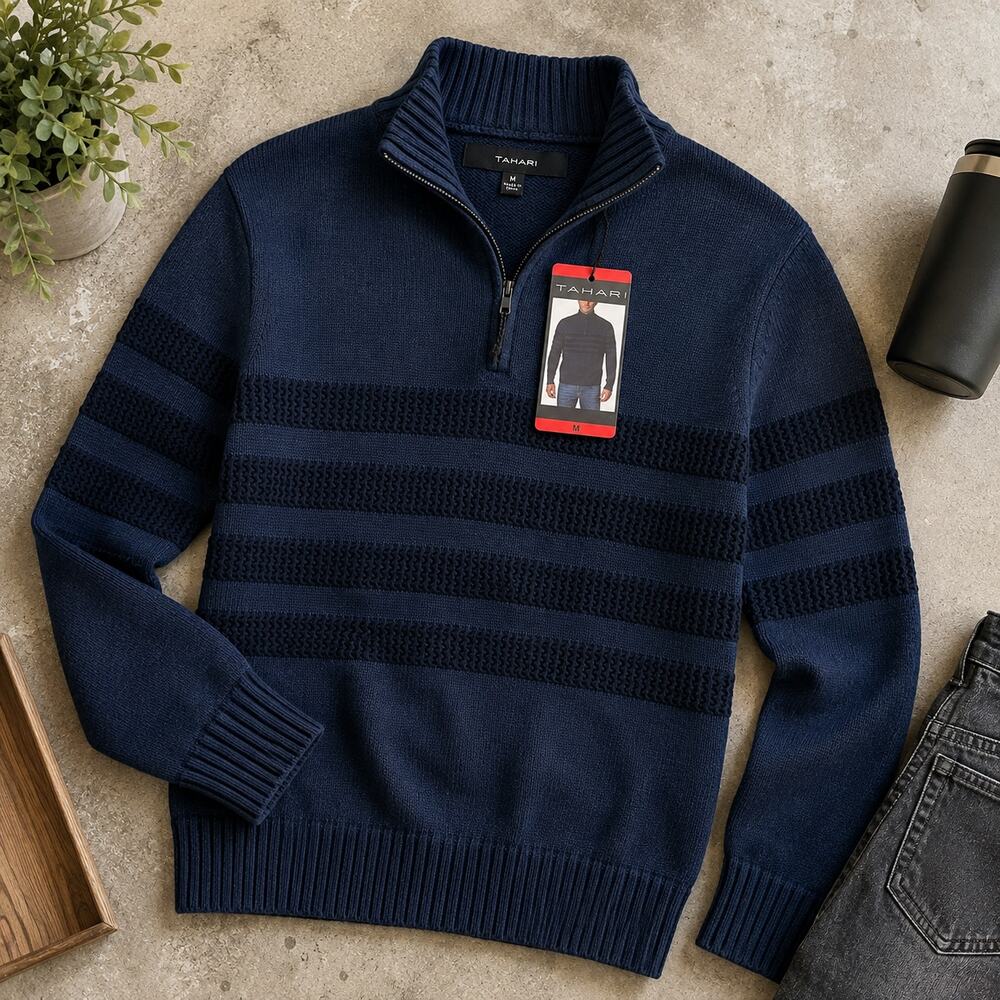 Tahari Men's 1/4 Zip Mock Neck Sweater Navy Blue Striped Cotton M NWT